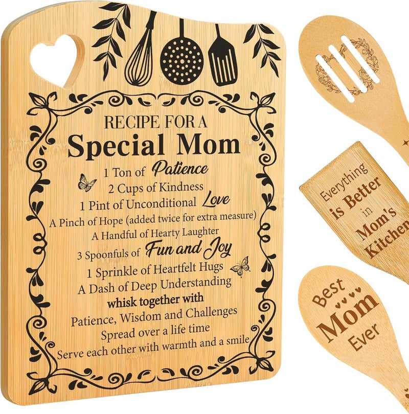 Aremdys Gifts for Mom, Birthday Gifts for Mom Recipe for A Special Mom Bamboo Cutting Board Gift from Daughter Son, Valentines Day Gifts Best Mom Ever Gift Xmas Presents for Mother New Moms Stepmom - Image 1